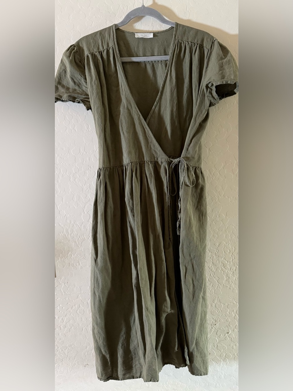 OAK + FORT, small, Olive Green Linen-Blend Wrap Midi Dress
